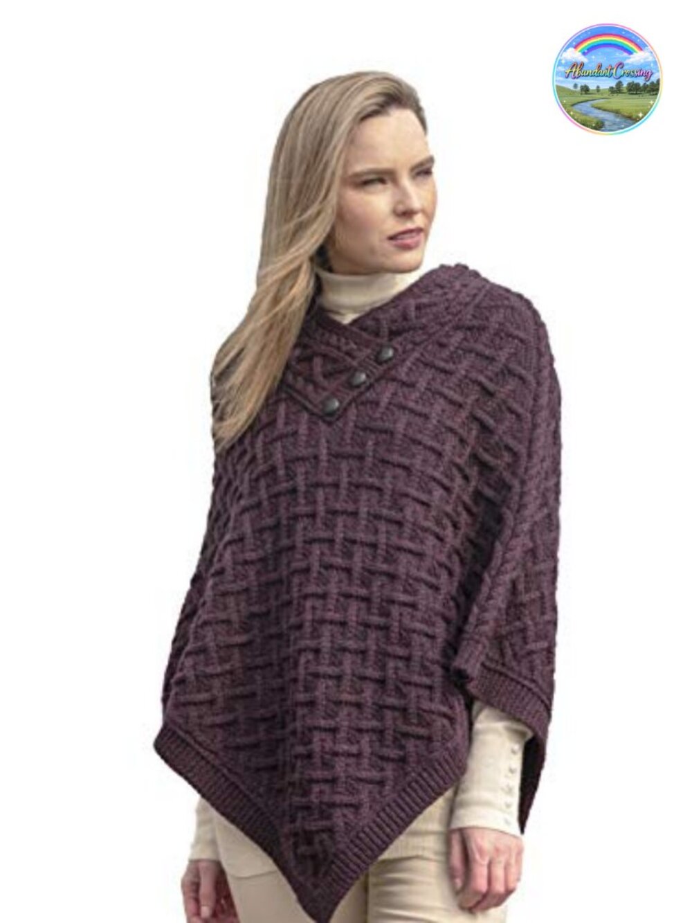 Merino Wool Cable Knit Button Poncho Cape Sleeve Shawl Neck